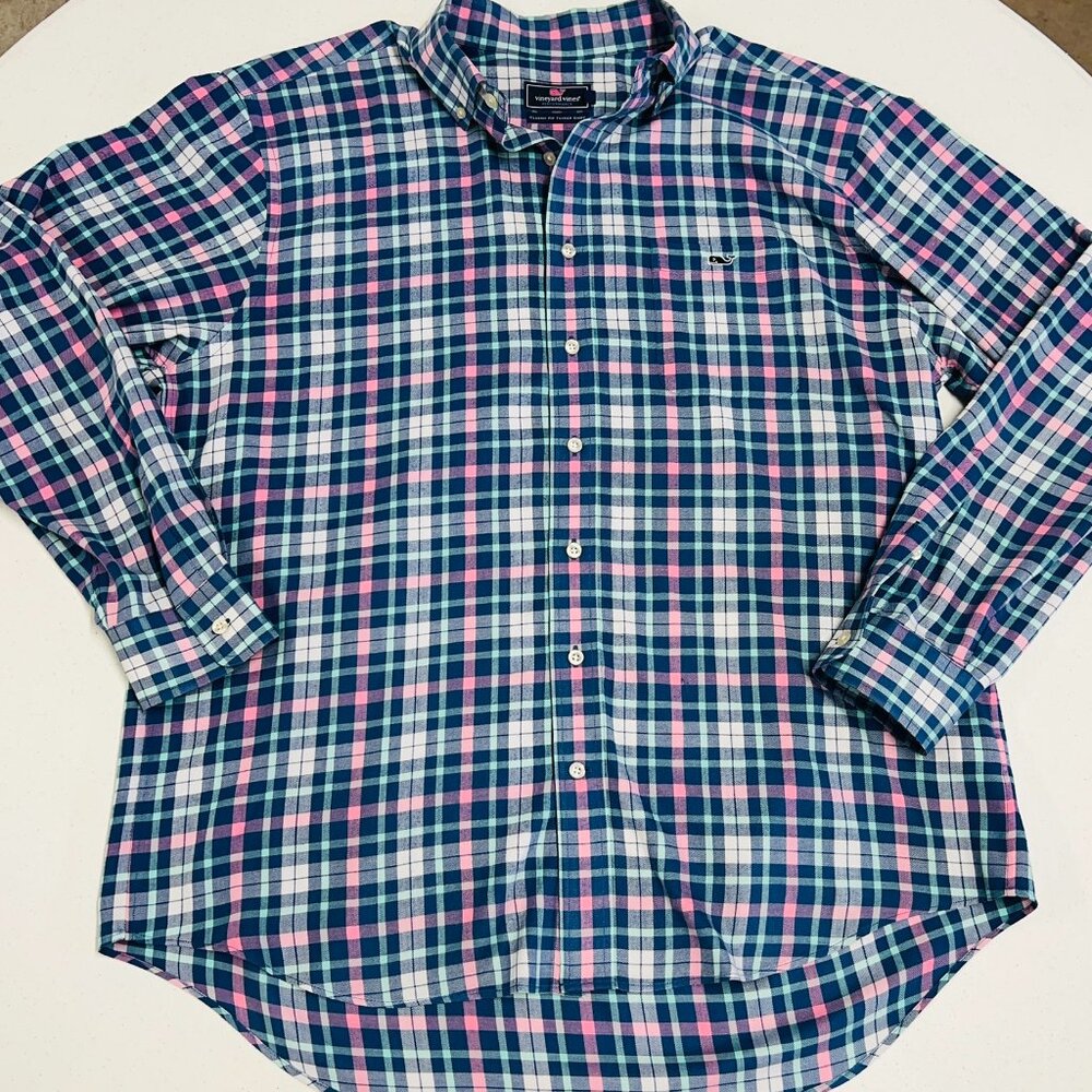 Vineyard Vines Performance Flannel Classic Fit Tucker Shirt Mens XL Blue Pink